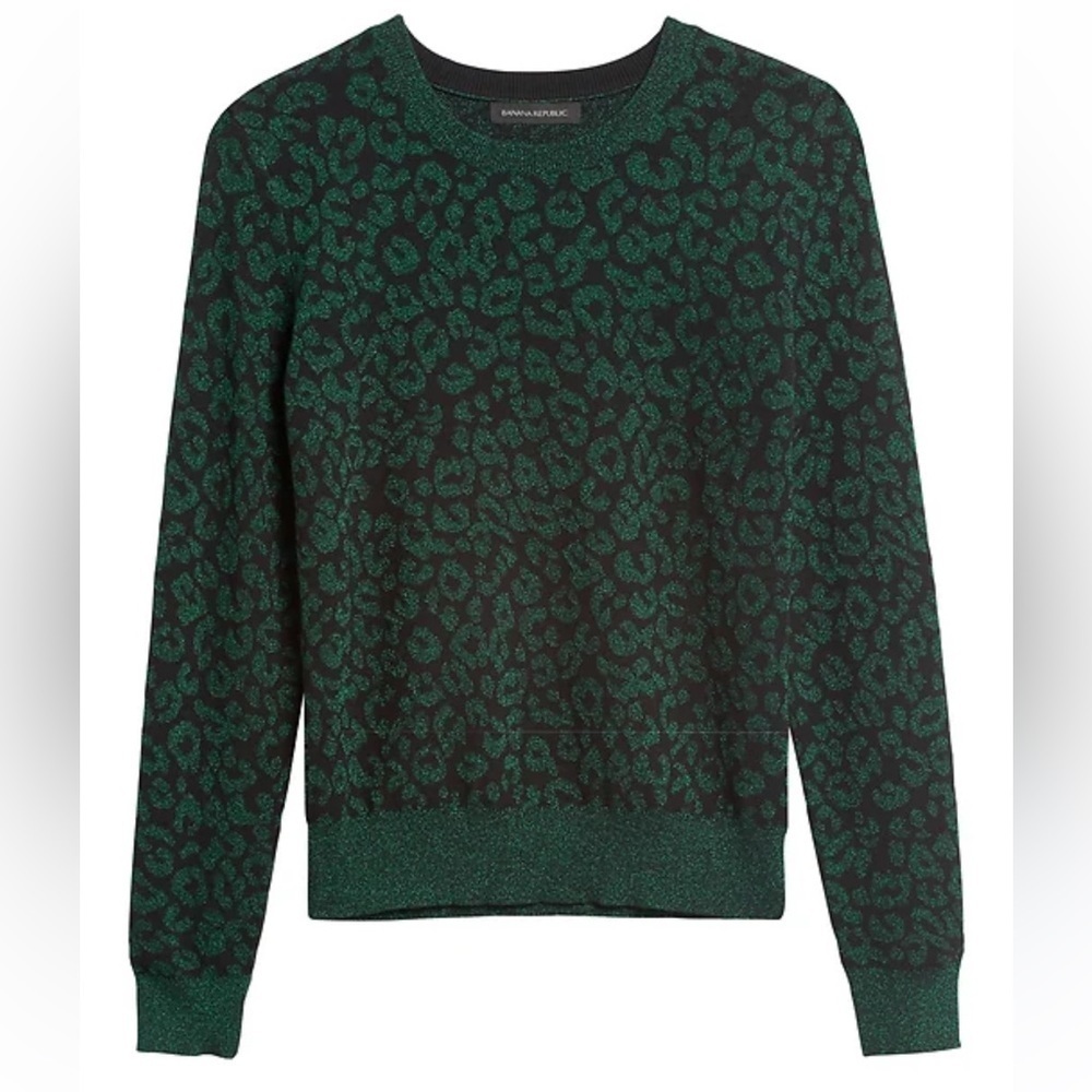 Banana Republic Green Lurex Metallic Knit Animal Print Crew Neck Sweater Size M